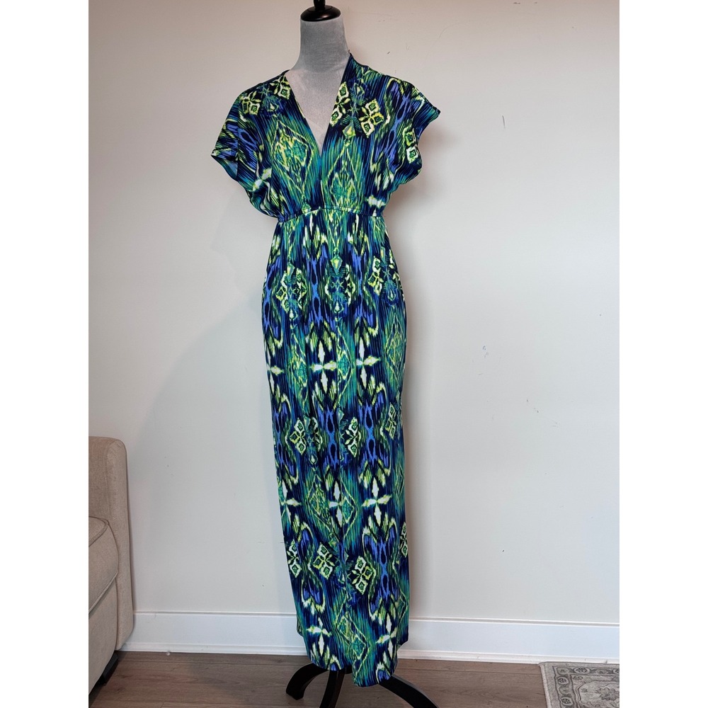 Bongo Blue Green Ikat Maxi Dress Crochet Lace Back V-Neck Small Y2K